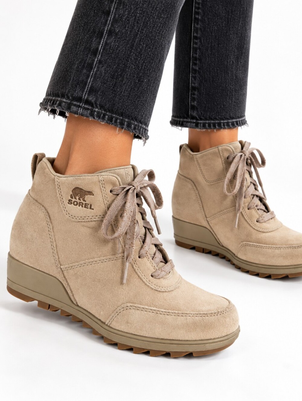 Sorel Joan of Arctic Wedge II Suede Lace Up Sneaker Boots Tan 6.5